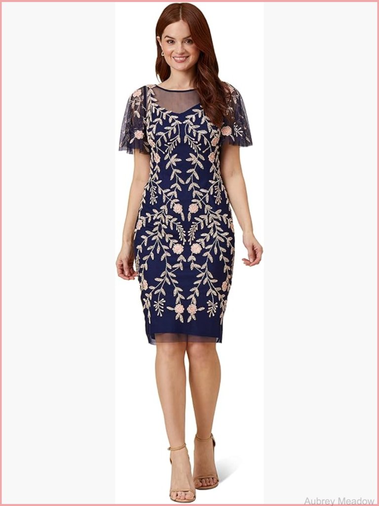 Beaded Midi Cocktail Dress With Flutter Sleeves
